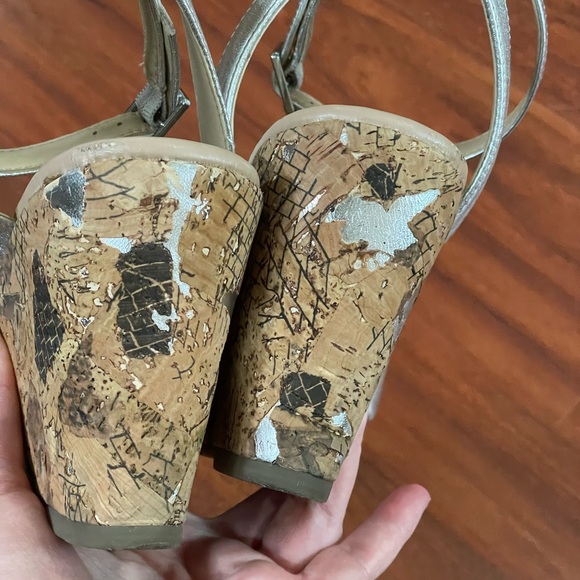 Karl Lagerfeld Carin silver leather cork wedge heel ankle strap NEW sz 10 metal - Picture 4 of 11